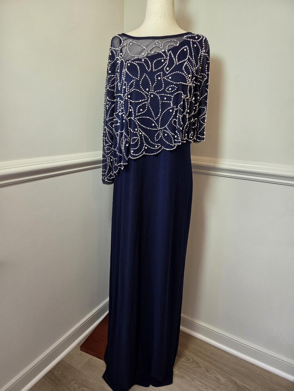 MSK Navy Embellished Cape Formal Gown Rhinestone Pearl Maxi Dress M - Picture 8 of 13